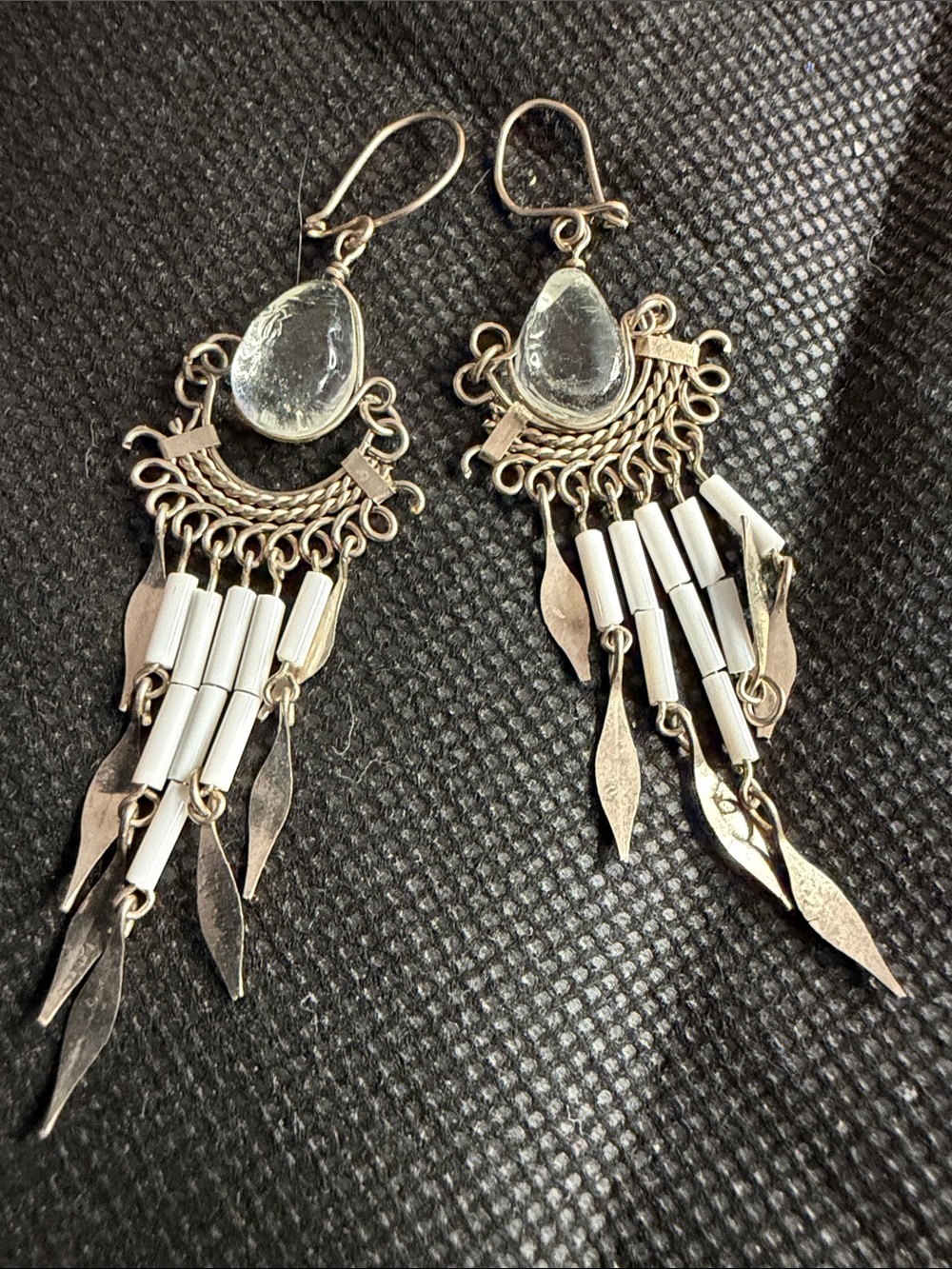 Boho Silver-Tone White Beaded Dangle Earrings